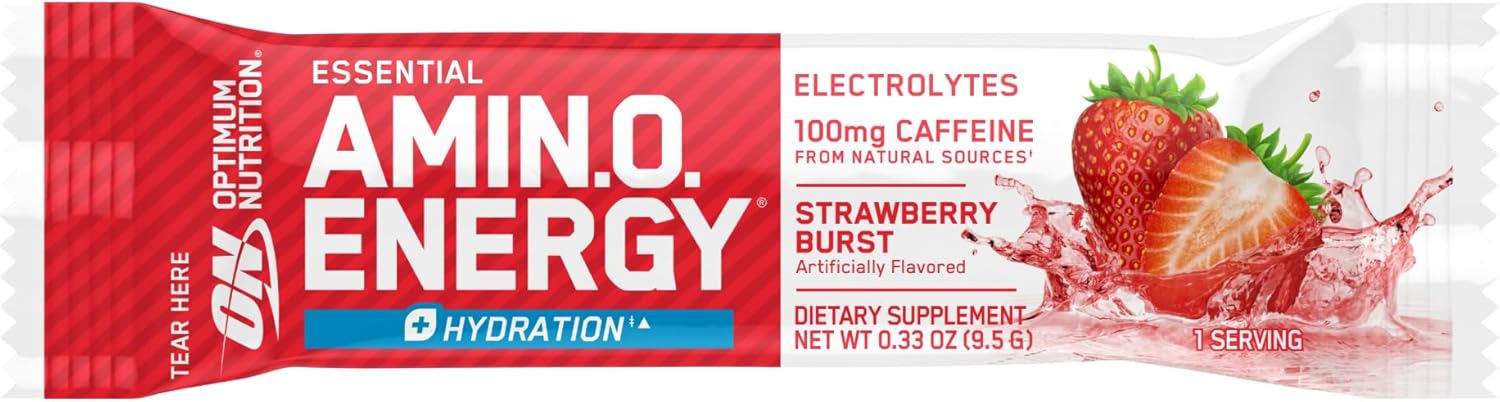 Optimum Nutrition Amino Energy Plus Hydration Strawberry Burst Stick Packs, 25 Pack - On-The-Go Energy Powder