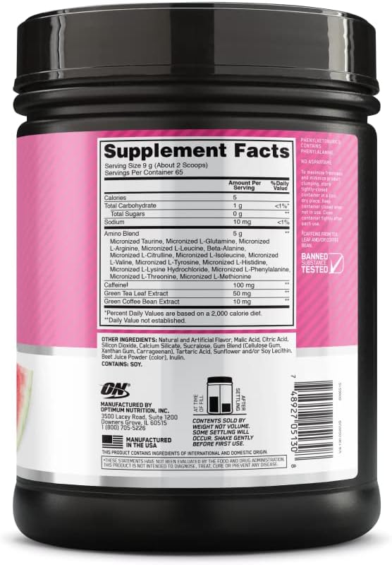 Optimum Nutrition Amino Energy: Pre Workout Powder with Green Tea, BCAA, Amino Acids, Green Coffee Extract - Watermelon Flavor, 65 Servings