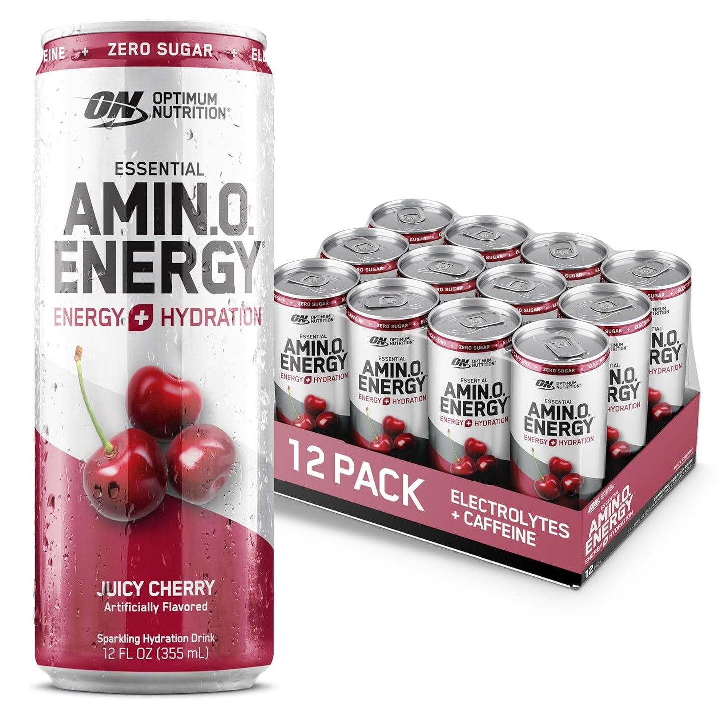 Optimum Nutrition Amino Energy Sparkling Hydration Drink - Cherry Flavor, Sugar-Free, 12oz Cans, 12 Pack - Electrolytes, Caffeine, Amino Acids, BCAAs