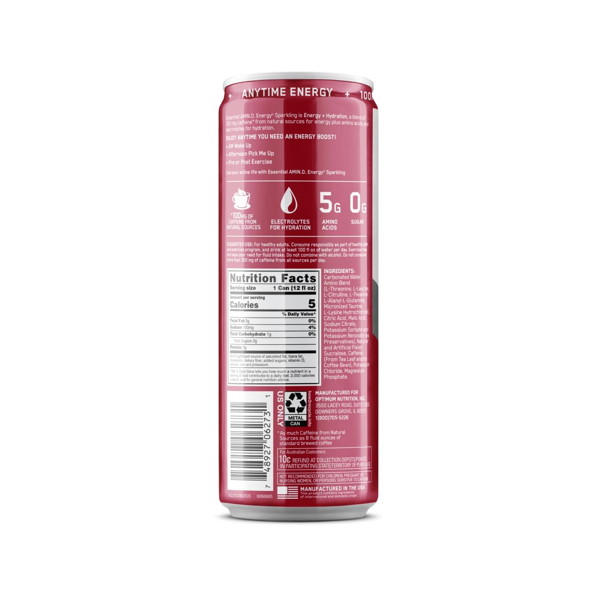 Optimum Nutrition Amino Energy Sparkling Hydration Drink - Cherry Flavor, Sugar-Free, 12oz Cans, 12 Pack - Electrolytes, Caffeine, Amino Acids, BCAAs