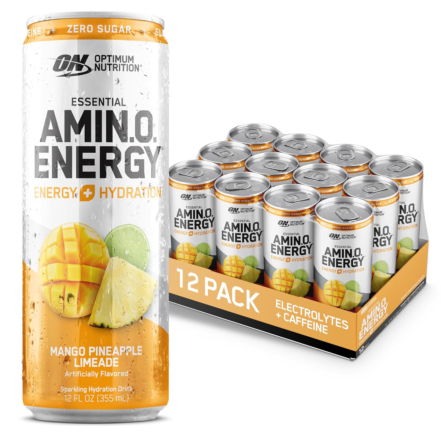 Optimum Nutrition Amino Energy Sparkling Hydration Drink - Mango Pineapple Limeade Flavor, 12 Pack, Electrolytes, Caffeine, BCAAs, Sugar Free