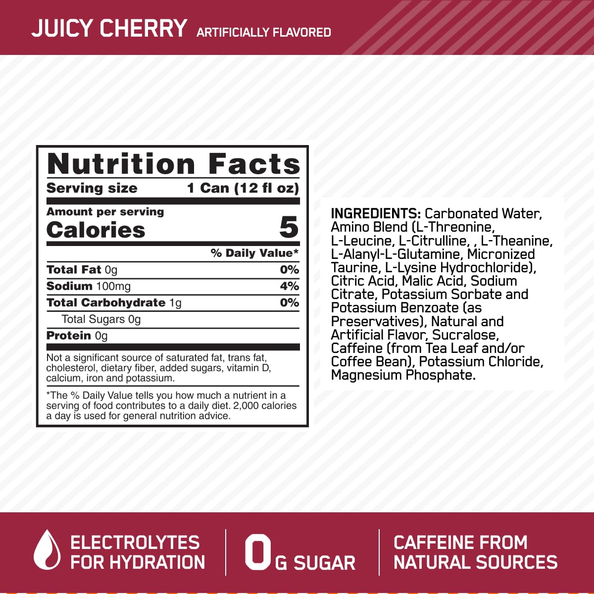 Optimum Nutrition Amino Energy Sparkling Hydration Drink - Cherry Flavor, Sugar-Free, 12oz Cans, 12 Pack - Electrolytes, Caffeine, Amino Acids, BCAAs
