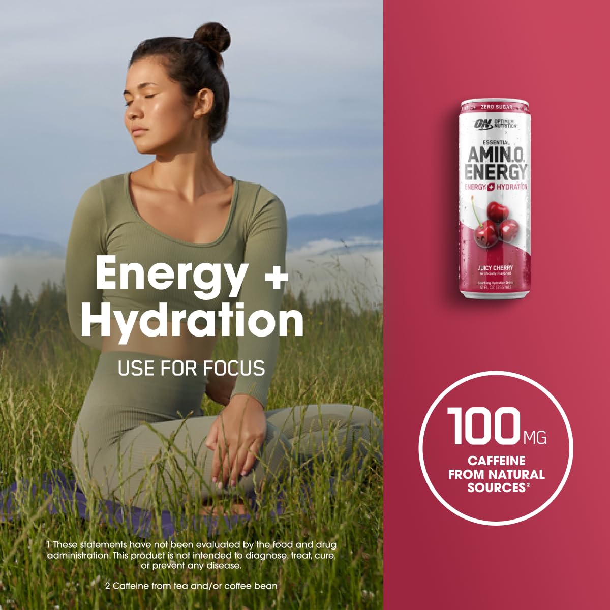 Optimum Nutrition Amino Energy Sparkling Hydration Drink - Cherry Flavor, Sugar-Free, 12oz Cans, 12 Pack - Electrolytes, Caffeine, Amino Acids, BCAAs