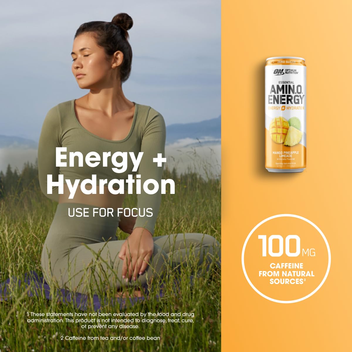 Optimum Nutrition Amino Energy Sparkling Hydration Drink - Mango Pineapple Limeade Flavor, 12 Pack, Electrolytes, Caffeine, BCAAs, Sugar Free