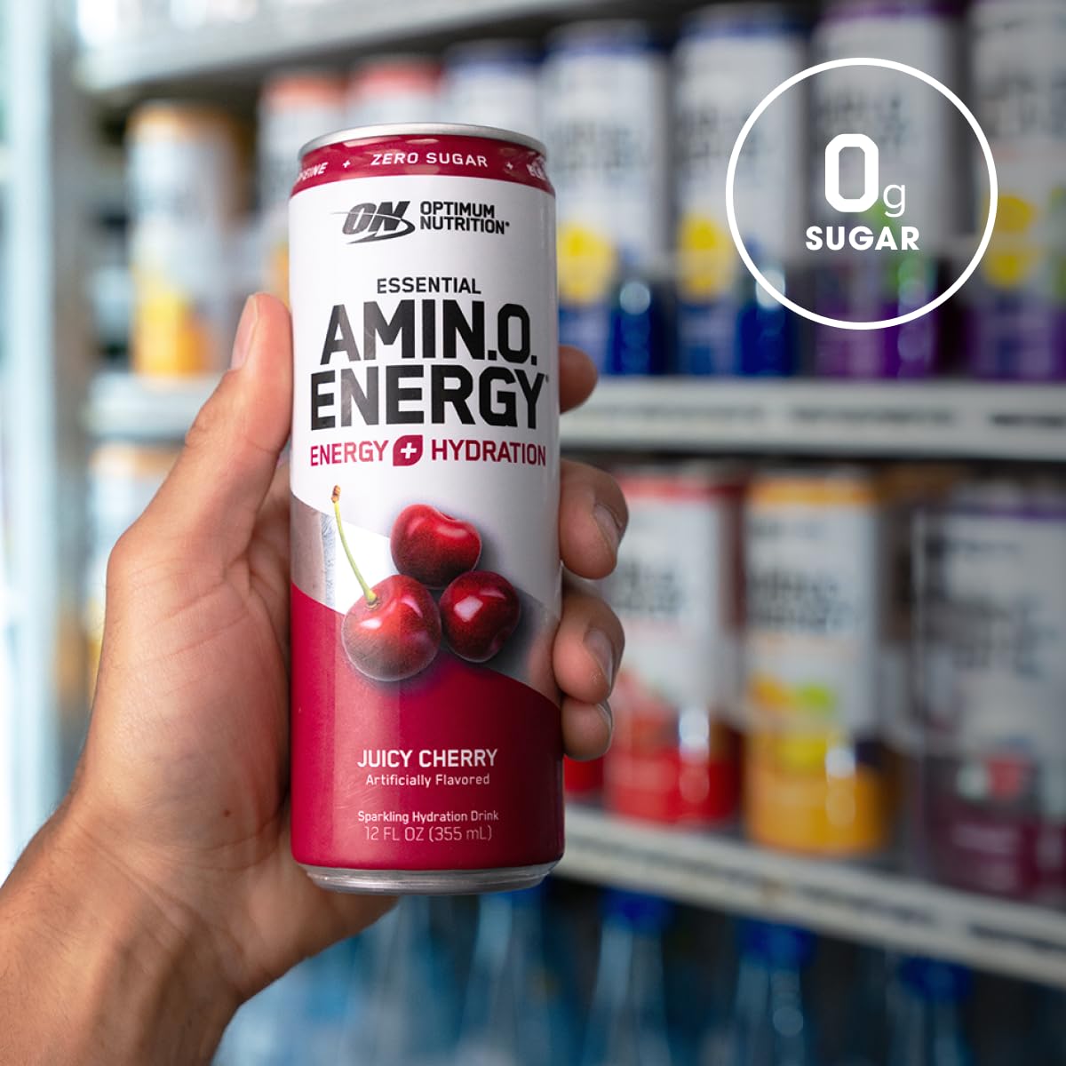 Optimum Nutrition Amino Energy Sparkling Hydration Drink - Cherry Flavor, Sugar-Free, 12oz Cans, 12 Pack - Electrolytes, Caffeine, Amino Acids, BCAAs