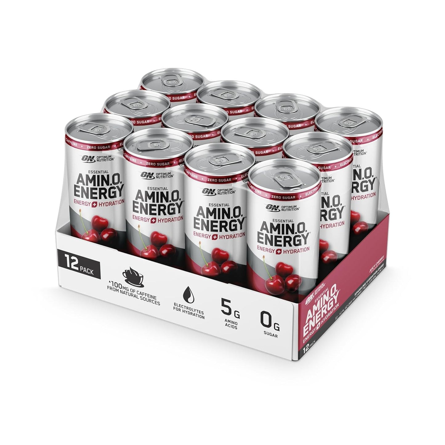 Optimum Nutrition Amino Energy Sparkling Hydration Drink - Cherry Flavor, Sugar-Free, 12oz Cans, 12 Pack - Electrolytes, Caffeine, Amino Acids, BCAAs