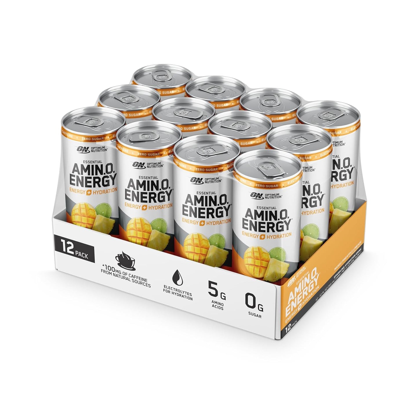 Optimum Nutrition Amino Energy Sparkling Hydration Drink - Mango Pineapple Limeade Flavor, 12 Pack, Electrolytes, Caffeine, BCAAs, Sugar Free