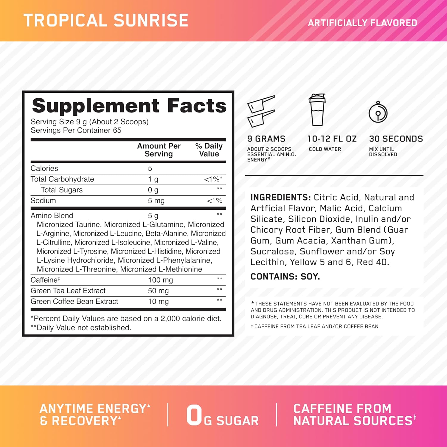 Optimum Nutrition Amino Energy Tropical Sunrise - Pre Workout Powder with Green Tea, BCAA, Amino Acids, Green Coffee Extract - Keto Friendly Energy Supplement, 65 Servings