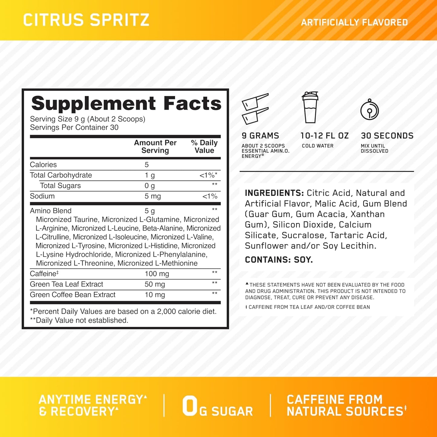 Optimum Nutrition Citrus Spritz Amino Energy - Pre Workout Powder with Green Tea, BCAA, Amino Acids, Green Coffee Extract - Keto Friendly Energy Drink, 30 Servings