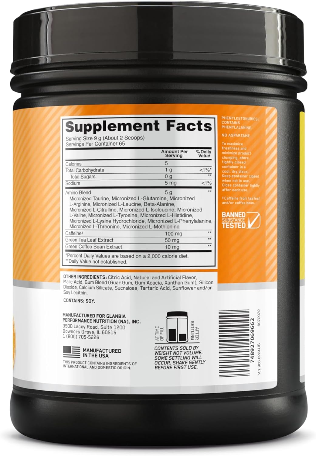 Optimum Nutrition Citrus Spritz Amino Energy - Pre Workout Powder with Green Tea, BCAA, Amino Acids, Keto Friendly - 65 Servings