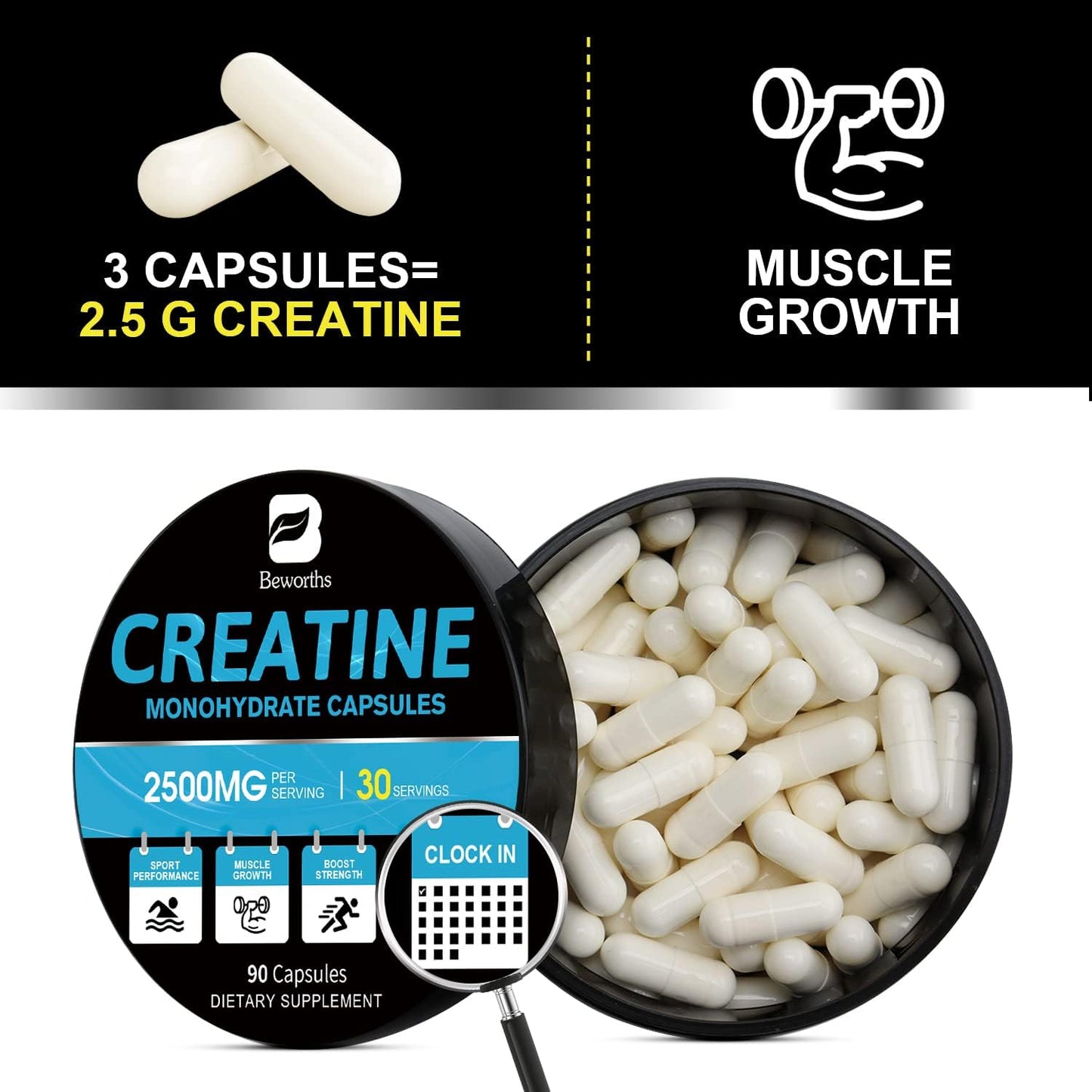 Optimum Nutrition Creatine Monohydrate Capsules for Women and Men - 2500mg Micronized Creatine Pills - Pre-Workout Supplement with 90 Capsules