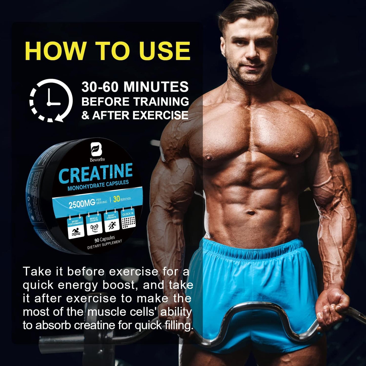 Optimum Nutrition Creatine Monohydrate Capsules for Women and Men - 2500mg Micronized Creatine Pills - Pre-Workout Supplement with 90 Capsules