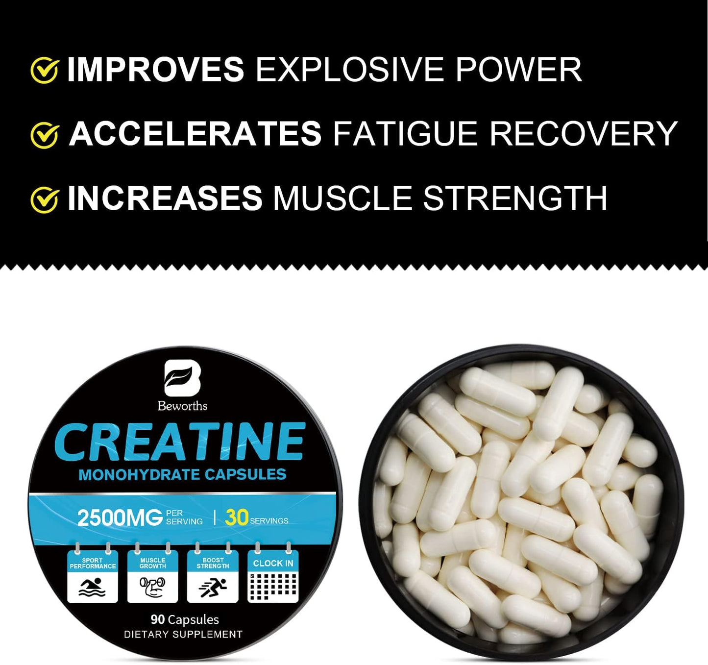 Optimum Nutrition Creatine Monohydrate Capsules for Women and Men - 2500mg Micronized Creatine Pills - Pre-Workout Supplement with 90 Capsules