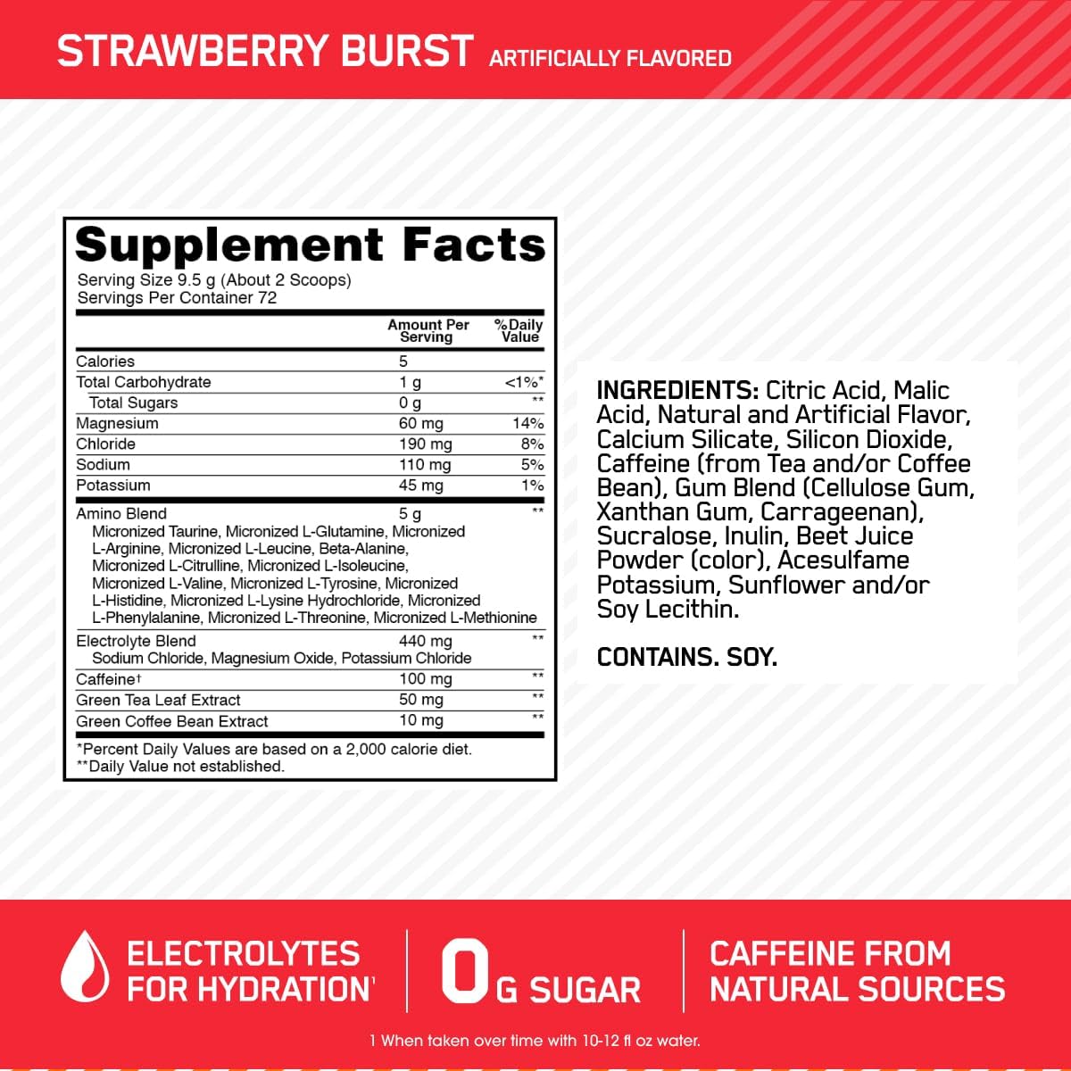 Optimum Nutrition Essential Amino Energy & Electrolytes Powder - Strawberry Burst, 1.51 lb (72 Servings) - Pre-Workout Energy Drink for Muscle Recovery & Focus