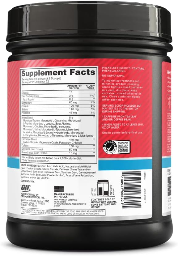 Optimum Nutrition Essential Amino Energy & Electrolytes Powder - Strawberry Burst, 1.51 lb (72 Servings) - Pre-Workout Energy Drink for Muscle Recovery & Focus