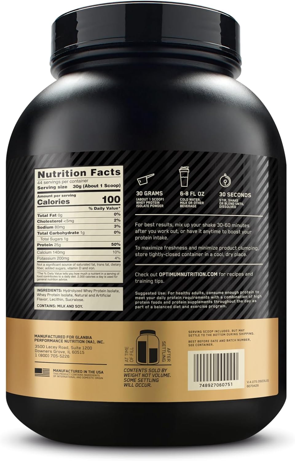 Optimum Nutrition Gold Standard 100% Isolate Vanilla Protein Powder - 2.91 lbs, 44 Servings