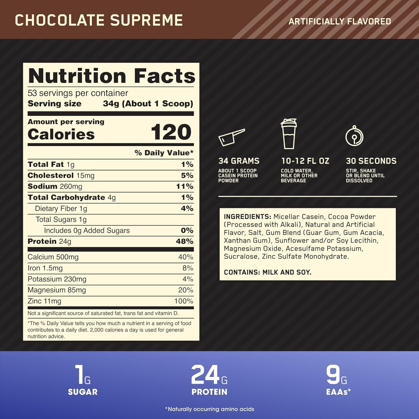 Optimum Nutrition Gold Standard 100% Micellar Casein Protein Powder - Slow Digesting Chocolate Supreme - 4 Pound - Overnight Muscle Recovery & Satiety