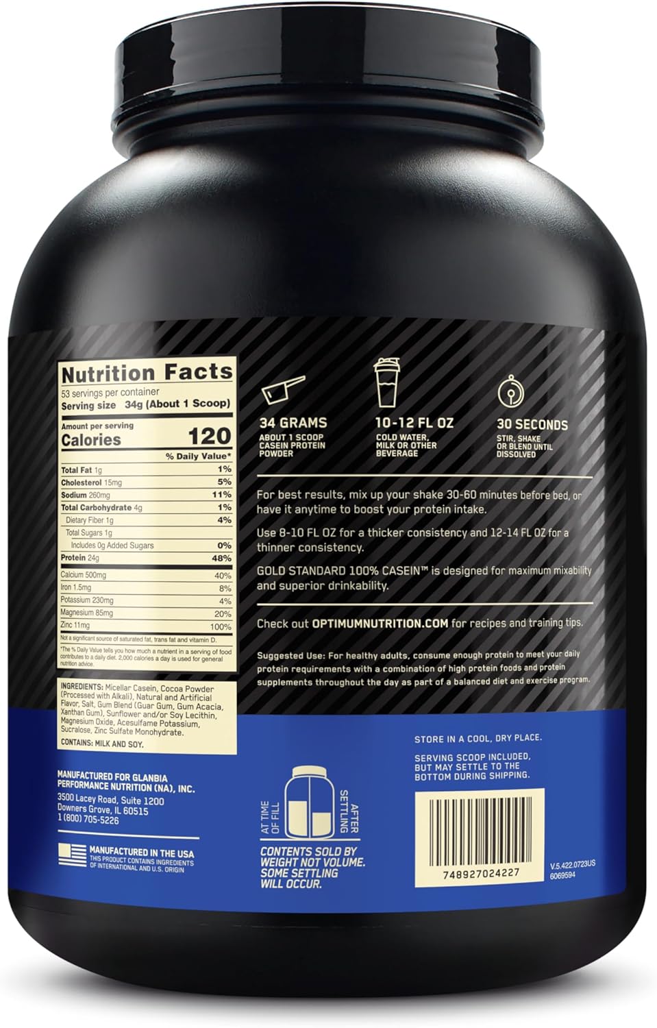 Optimum Nutrition Gold Standard 100% Micellar Casein Protein Powder - Slow Digesting Chocolate Supreme - 4 Pound - Overnight Muscle Recovery & Satiety