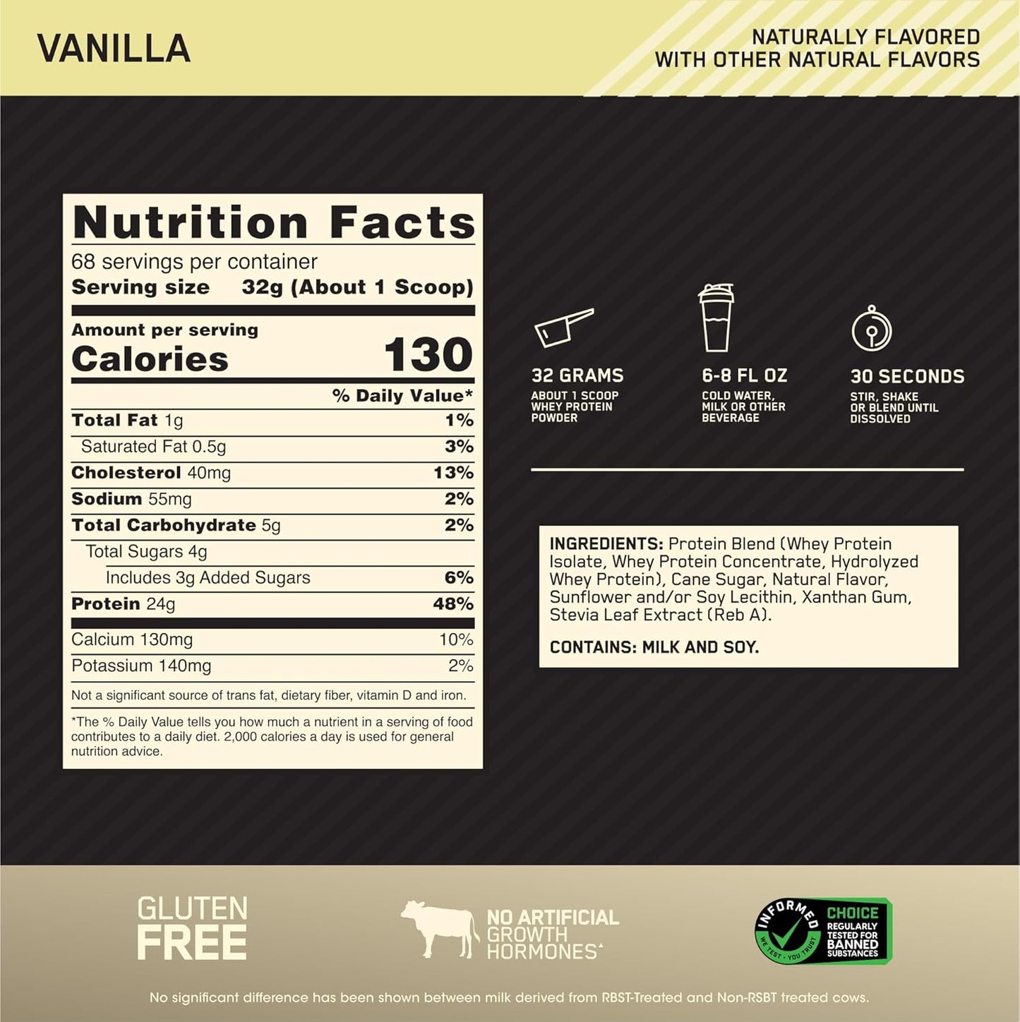 Optimum Nutrition Gold Standard 100% Whey Protein Powder - Vanilla Flavor, 76.8 Ounce - Pack of 4.8