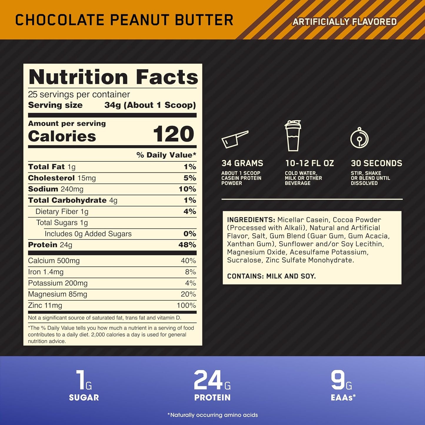 Optimum Nutrition Gold Standard Micellar Casein Protein Powder - Slow Digesting Overnight Recovery, Chocolate Peanut Butter, 1.87 lb