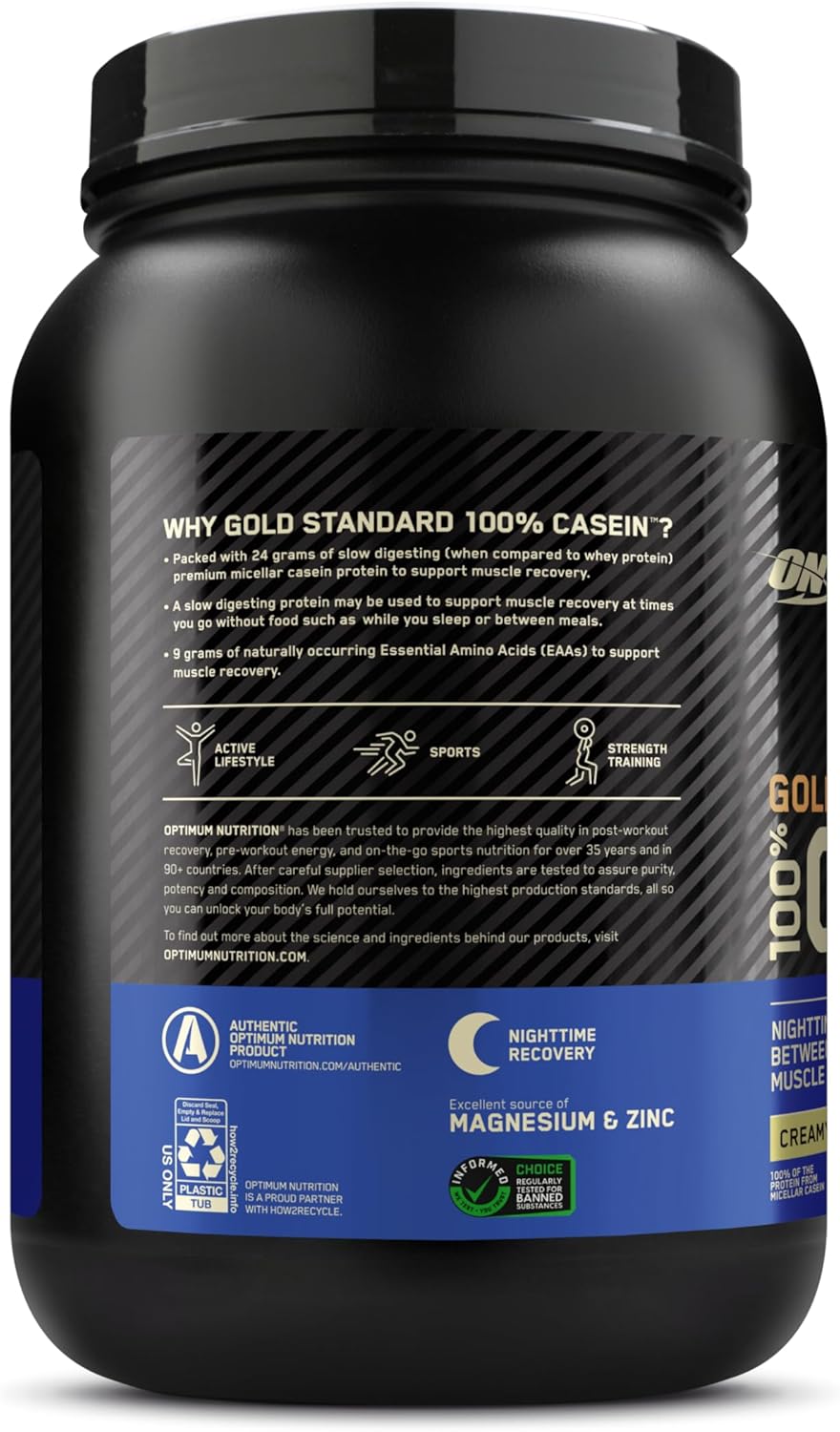Optimum Nutrition Gold Standard Micellar Casein Protein Powder, Slow Digesting Overnight Recovery, Creamy Vanilla, 1.81 lb