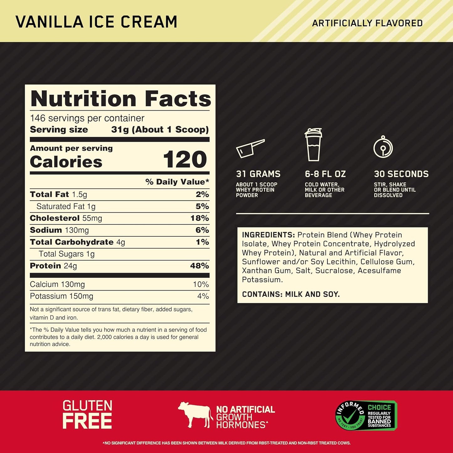 Optimum Nutrition Gold Standard Whey Protein Powder, Vanilla Ice Cream Flavor, 10lb - Packaging may vary