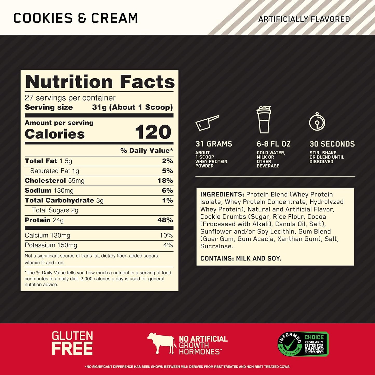 Optimum Nutrition Gold Standard Whey Protein Powder, Cookies & Cream, 2lb - Packaging Variation