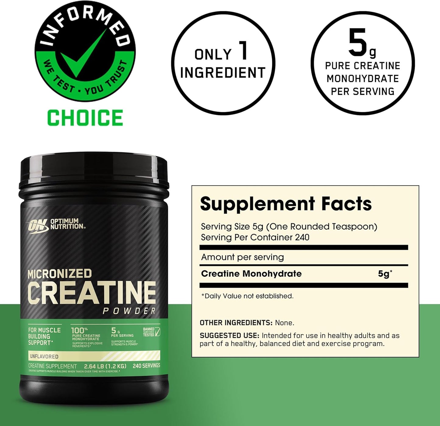 Optimum Nutrition Micronized Creatine Monohydrate Powder - Unflavored - 240 Servings - 1200g - Varying Packaging