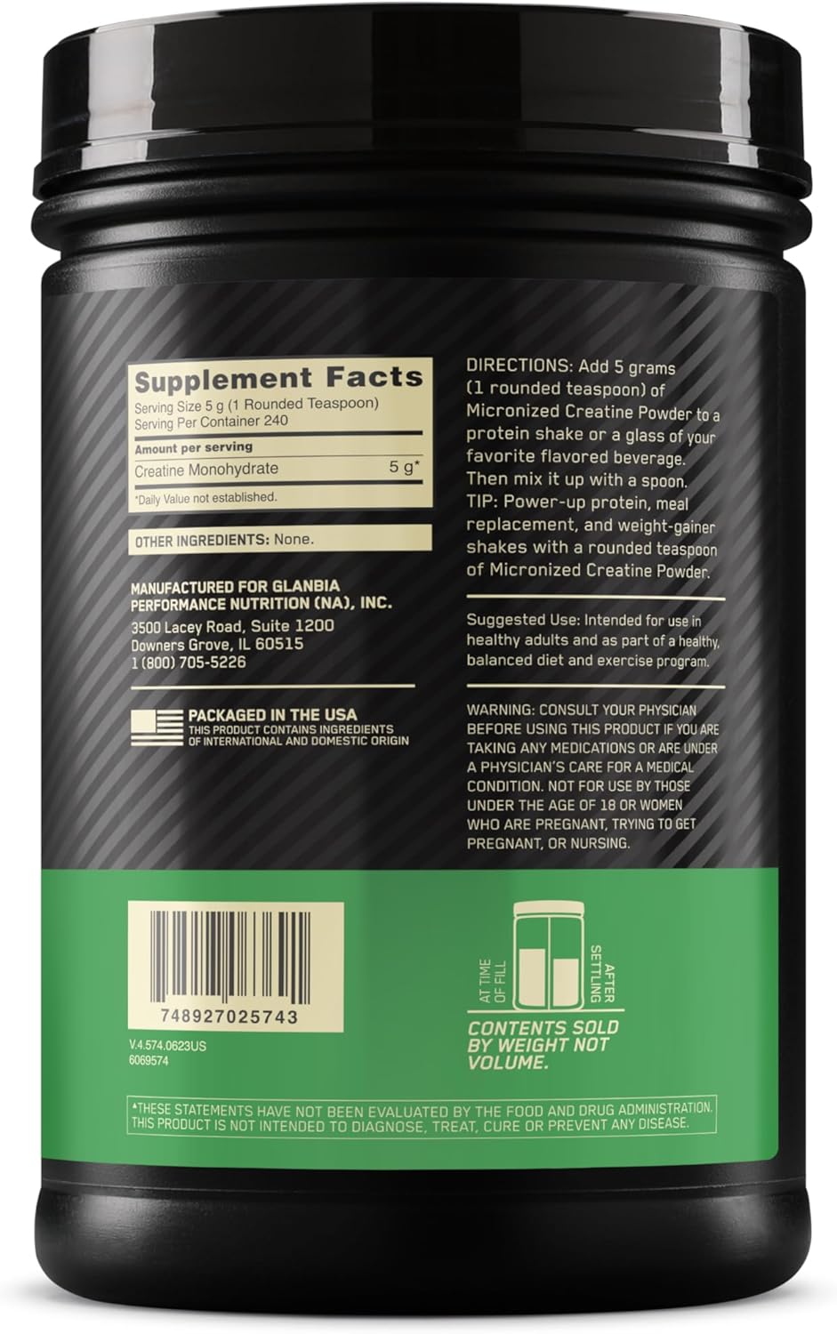 Optimum Nutrition Micronized Creatine Monohydrate Powder - Unflavored - 240 Servings - 1200g - Varying Packaging