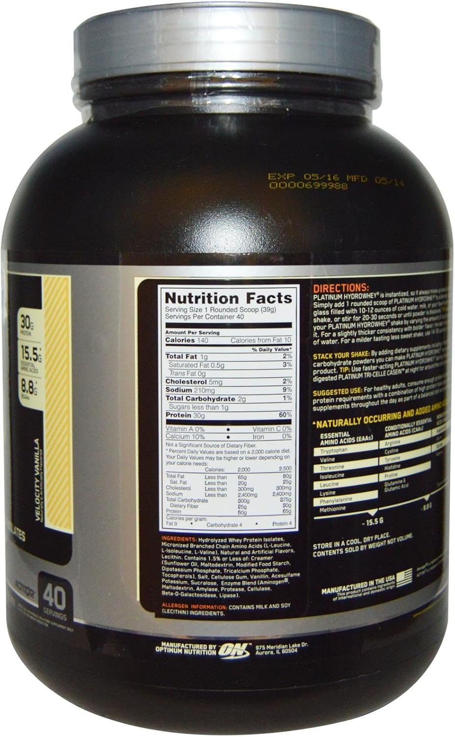 Optimum Nutrition Platinum Hydro Whey Velocity Vanilla Protein Powder 3.5lb - 100% Pure Whey Isolate Supplement