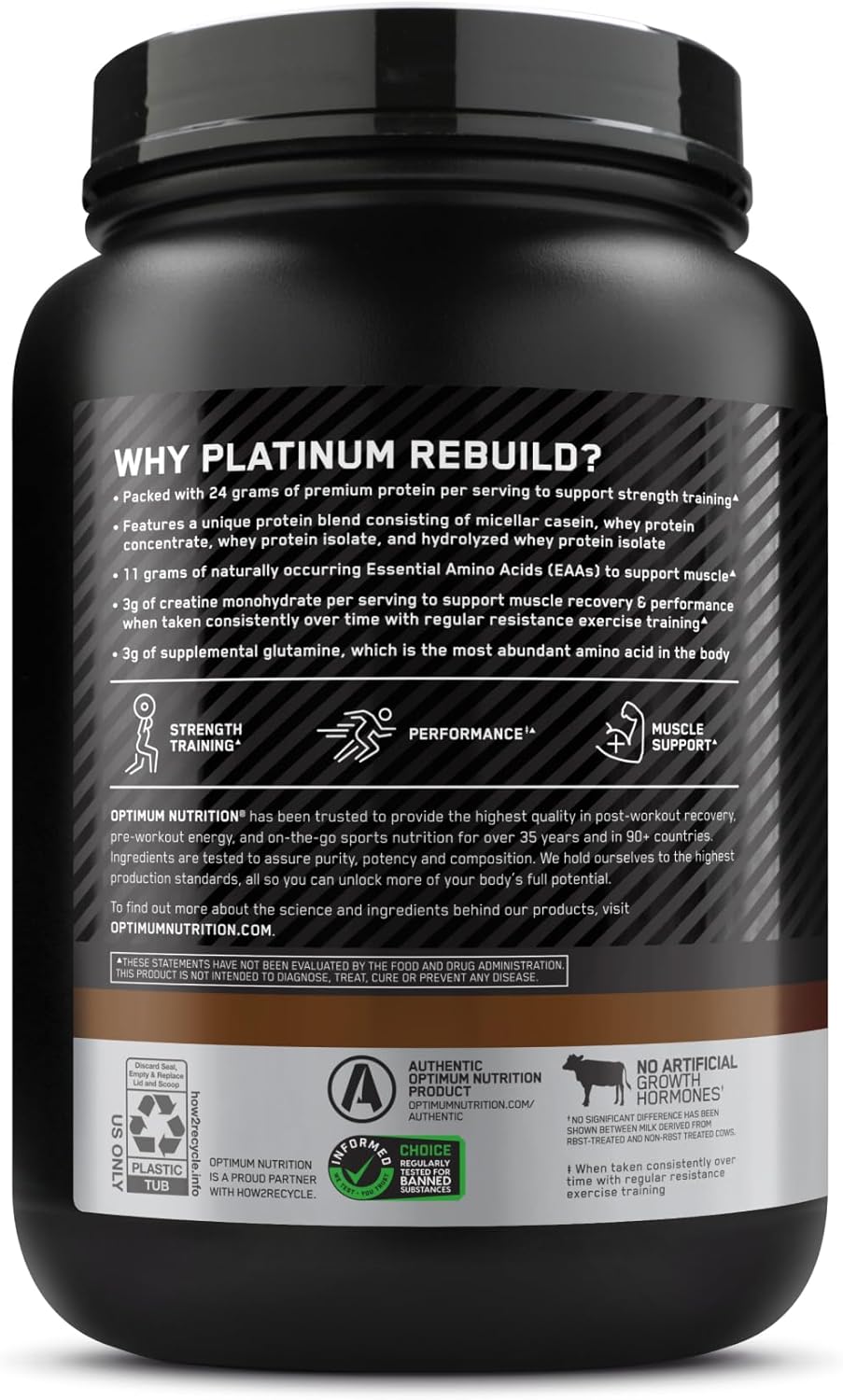Optimum Nutrition Platinum Rebuild Dark Chocolate Protein Powder with Creatine Monohydrate - 20 Servings
