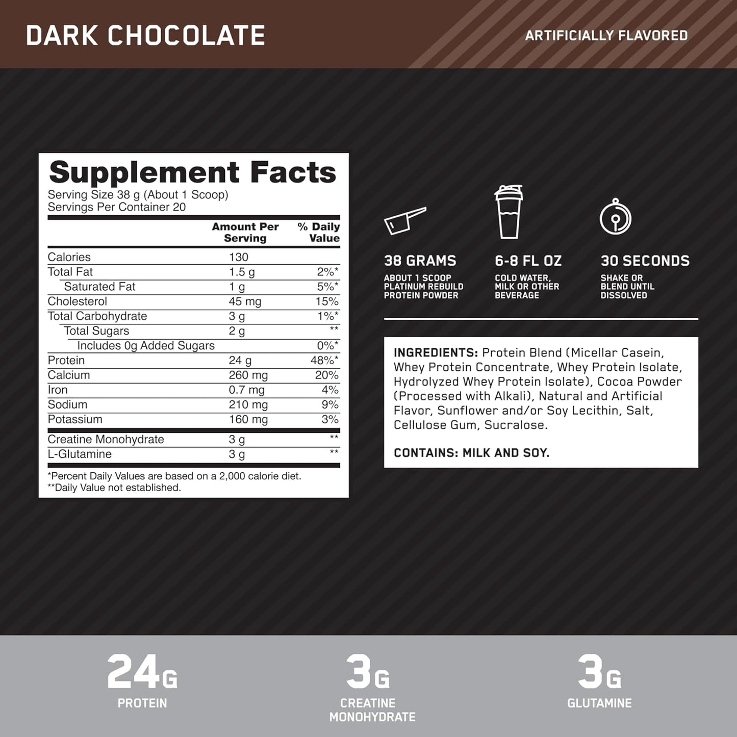 Optimum Nutrition Platinum Rebuild Dark Chocolate Protein Powder with Creatine Monohydrate - 20 Servings