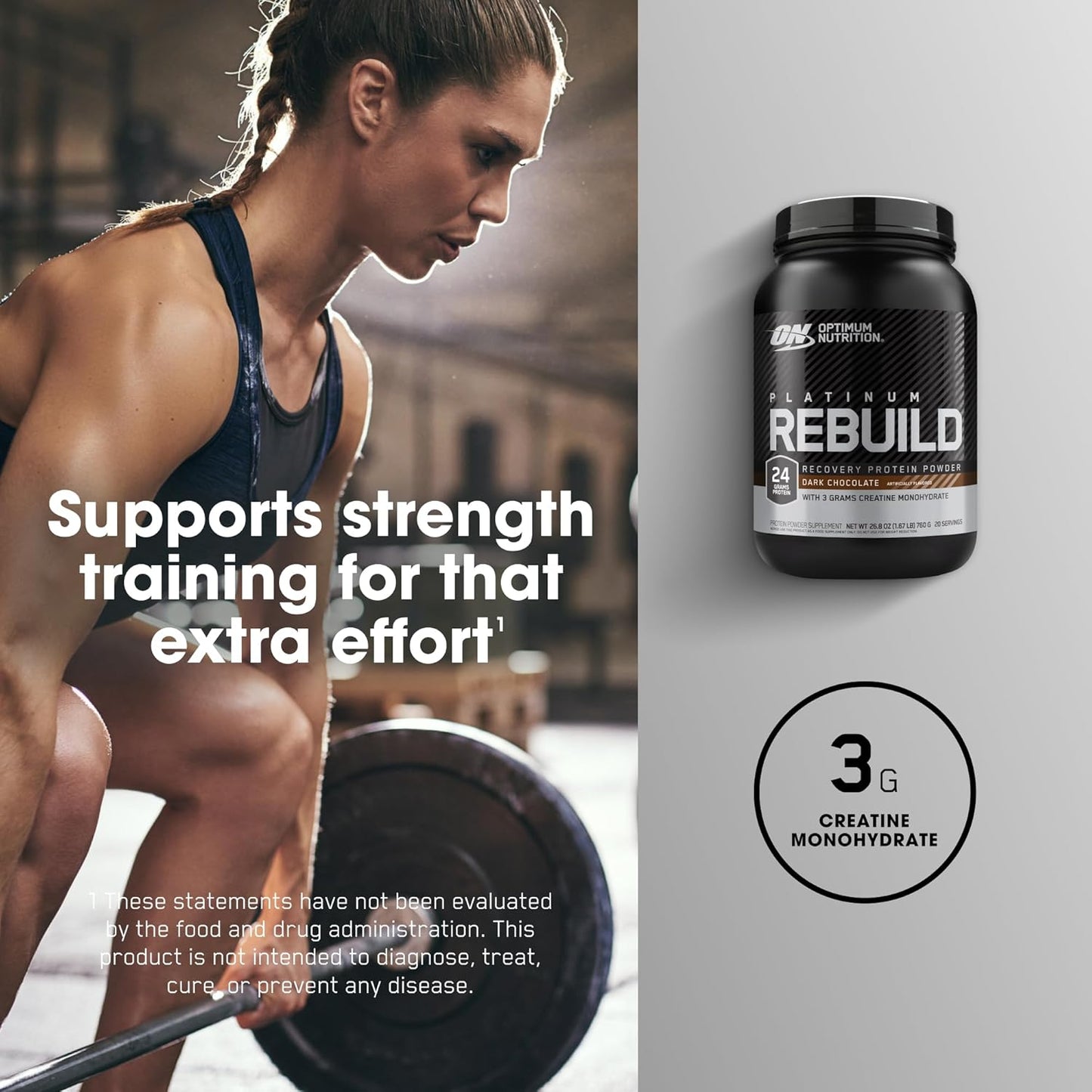 Optimum Nutrition Platinum Rebuild Dark Chocolate Protein Powder with Creatine Monohydrate - 20 Servings