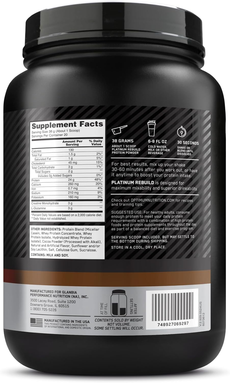 Optimum Nutrition Platinum Rebuild Dark Chocolate Protein Powder with Creatine Monohydrate - 20 Servings