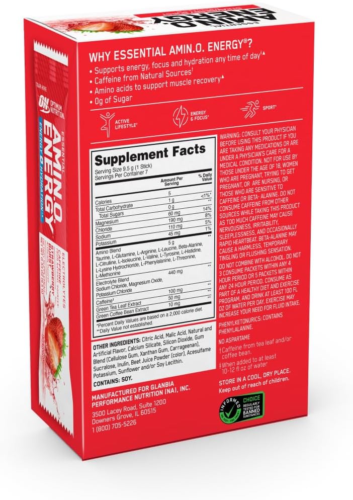 Optimum Nutrition Strawberry Burst Amino Energy + Electrolytes Stick Packs, 7 Count