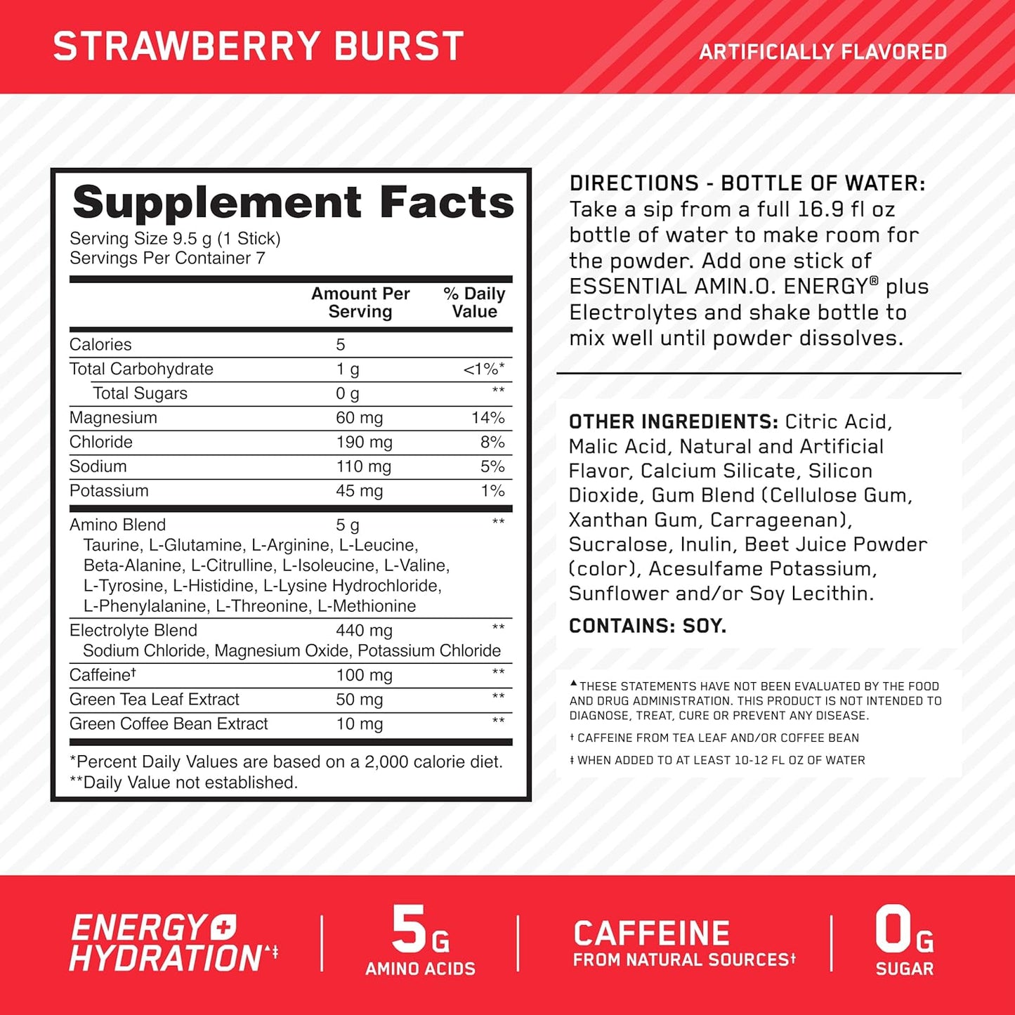 Optimum Nutrition Strawberry Burst Amino Energy + Electrolytes Stick Packs, 7 Count