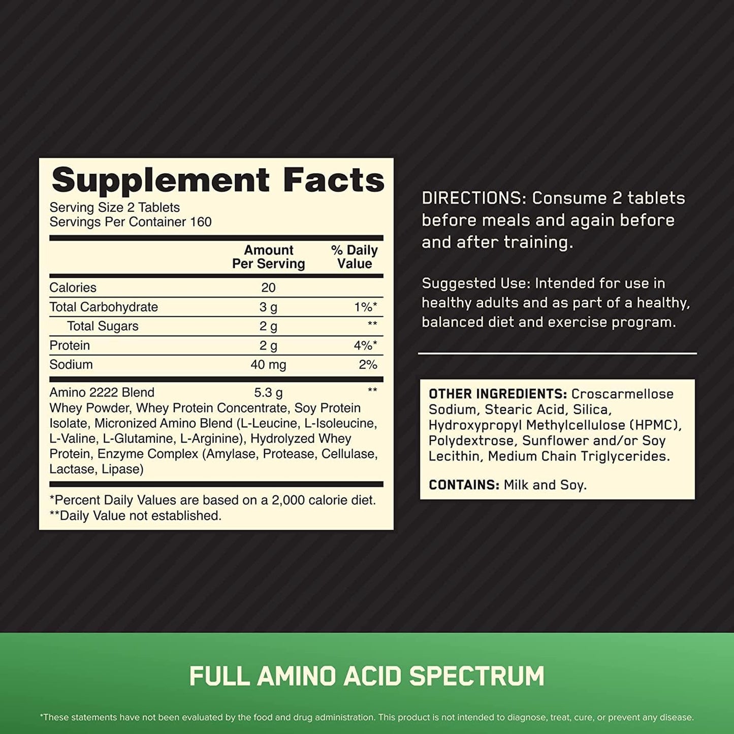 Optimum Nutrition Superior Amino 2222 Tablets, 320 Count - Complete Essential Amino Acids, EAAs