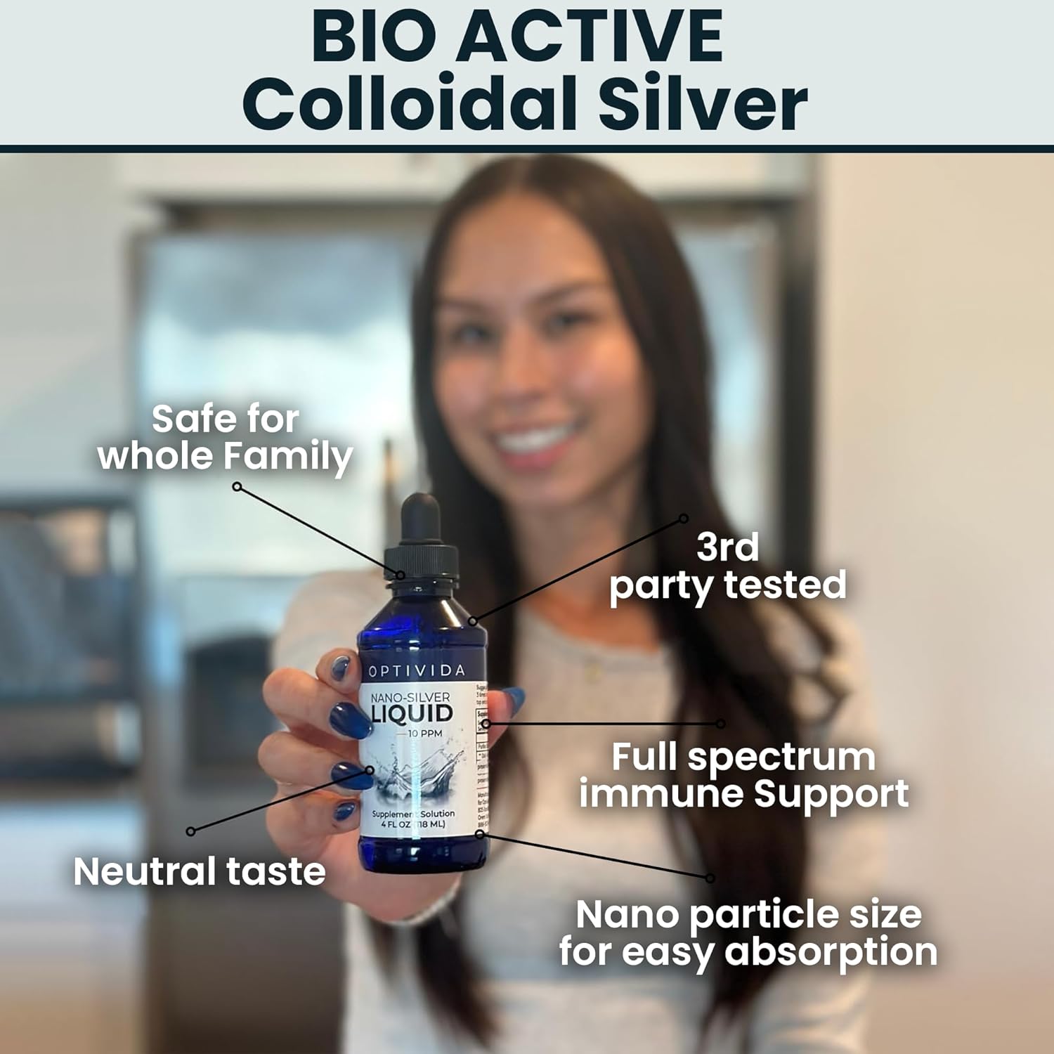 Optivida Health Colloidal Silver Liquid Dropper 4 oz - Immune Support Supplement with Silver Hydrosol - Liquid Immune System Support - 10 PPM Silver Colloidal Liquid