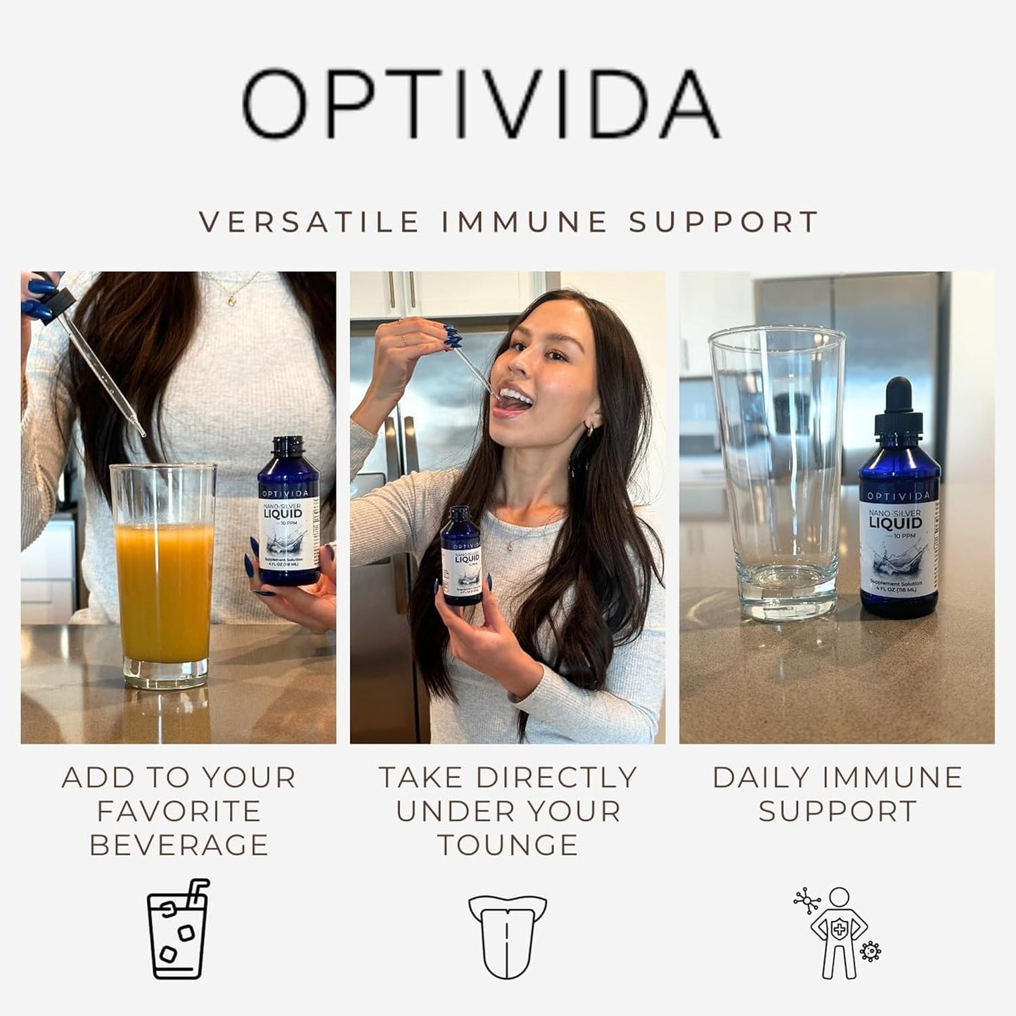 Optivida Health Colloidal Silver Liquid Dropper 4 oz - Immune Support Supplement with Silver Hydrosol - Liquid Immune System Support - 10 PPM Silver Colloidal Liquid