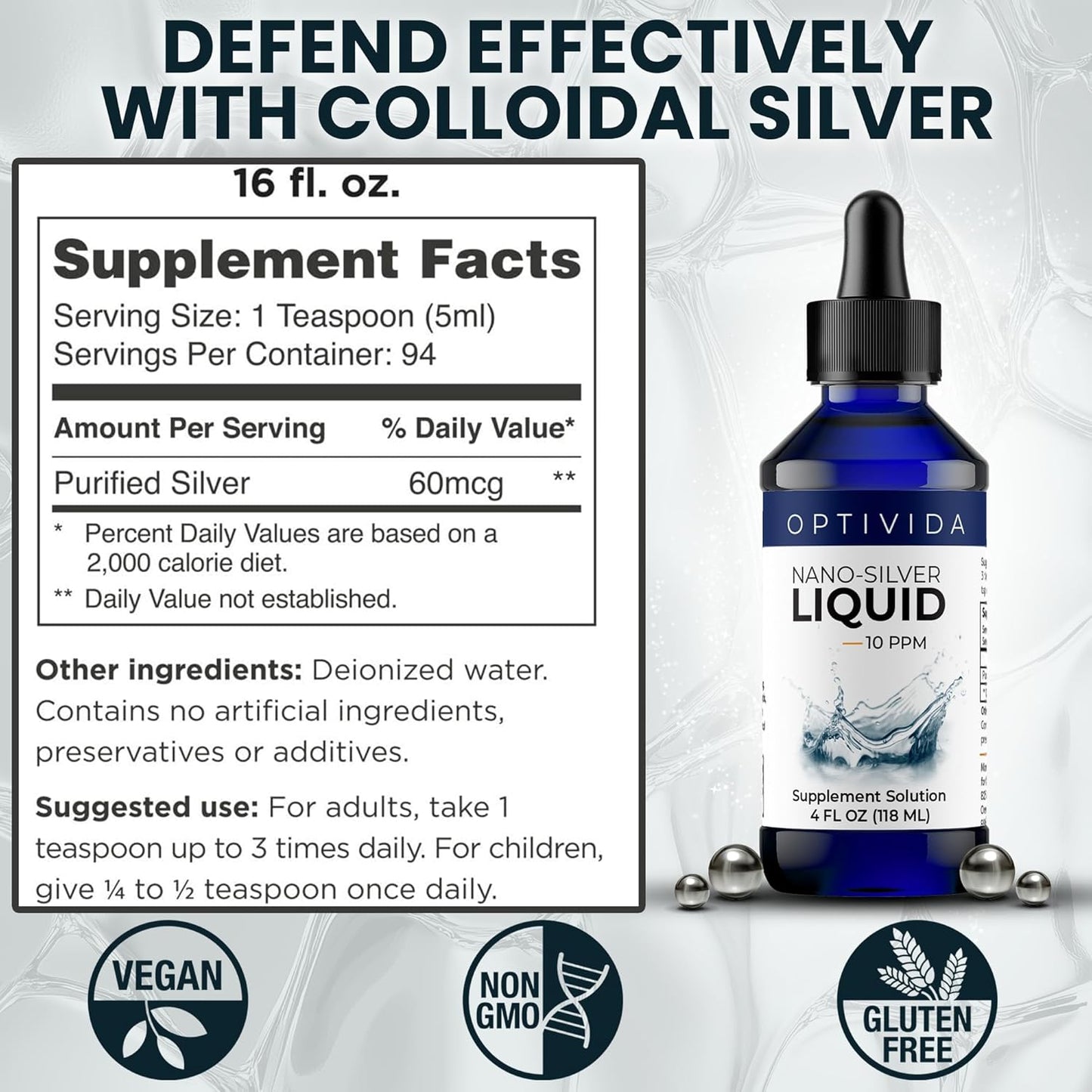 Optivida Health Colloidal Silver Liquid Dropper 4 oz - Immune Support Supplement with Silver Hydrosol - Liquid Immune System Support - 10 PPM Silver Colloidal Liquid