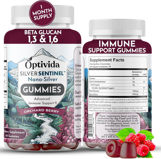 Optivida Nano Silver Immune Support Gummies - 60 Count with Beta Glucan for Daily Immune Health - Orchard Berry Flavor - Colloidal Silver Supplement with Beta Glucan 100