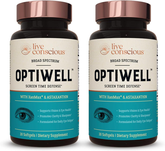 OptiWell Eye Health Supplement with Live Conscious Eye Vitamins - 2 Pack with AREDS 2 Ingredients, Vitamin E, Lutein, and Astaxanthin for Blue Light Support
