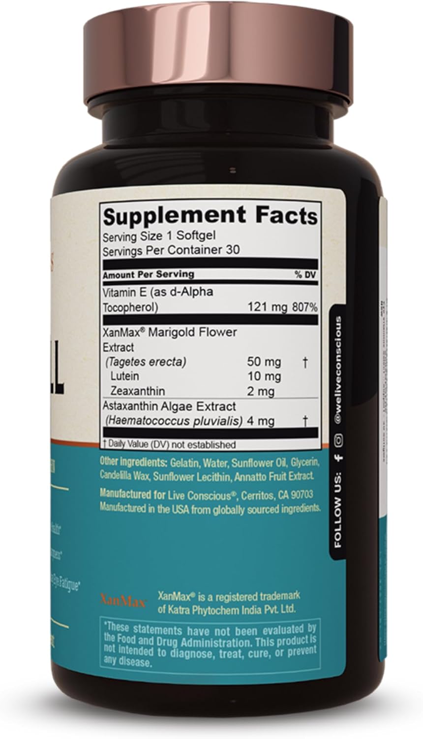 OptiWell Eye Health Supplement with Live Conscious Eye Vitamins - 2 Pack with AREDS 2 Ingredients, Vitamin E, Lutein, and Astaxanthin for Blue Light Support