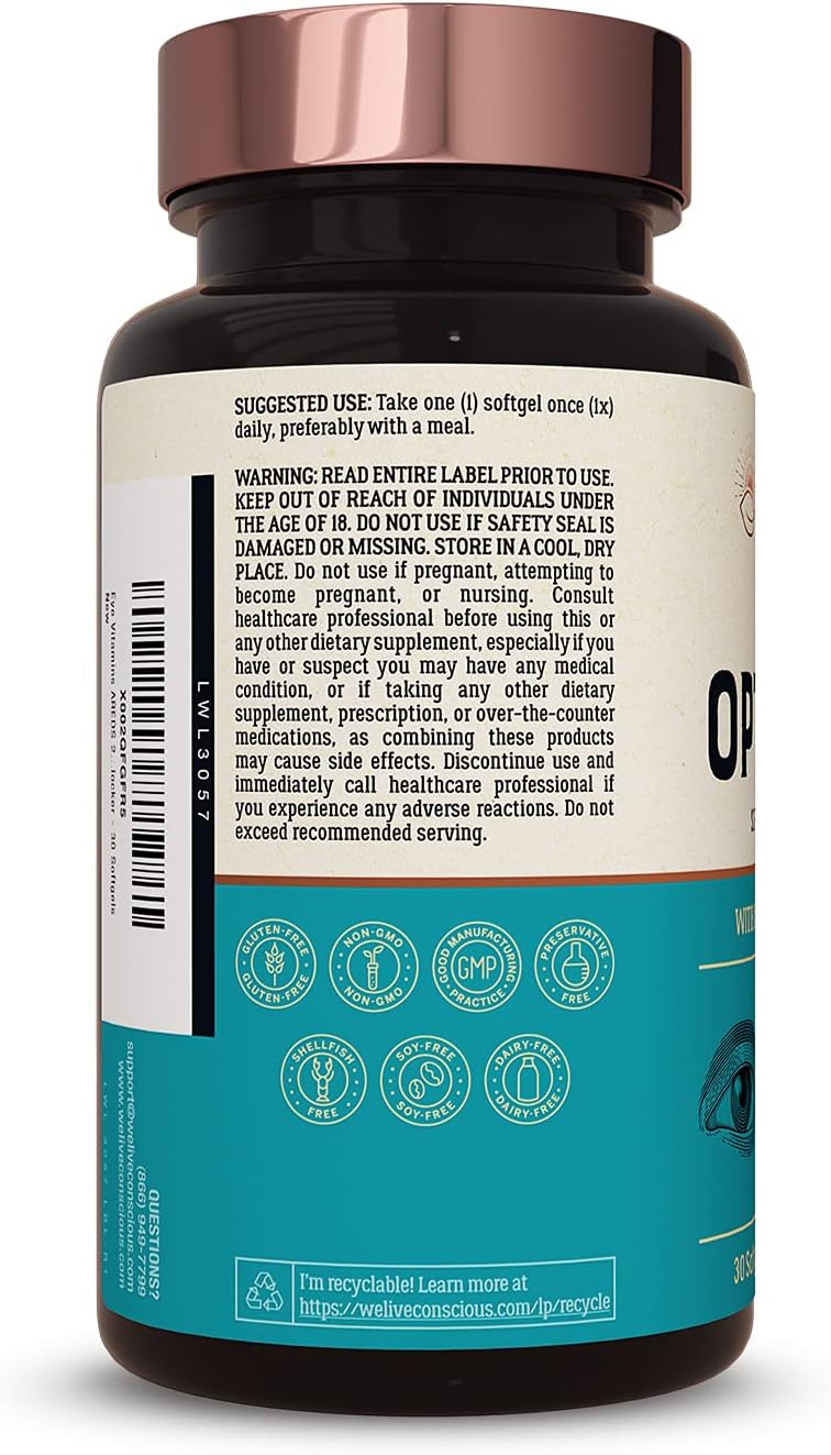 OptiWell Eye Health Supplement with Live Conscious Eye Vitamins - 2 Pack with AREDS 2 Ingredients, Vitamin E, Lutein, and Astaxanthin for Blue Light Support