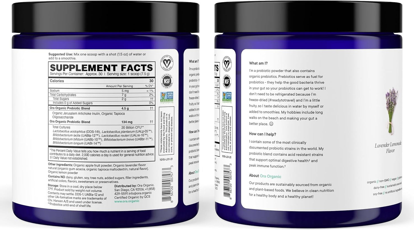 Ora Organic Prebiotic and Probiotic Powder Supplement - 20 Billion Probiotics, 7 Strains - Non-GMO, Lavender Lemonade Flavor - 30 Servings for Women, Men, & Kids - BoostGo Australia