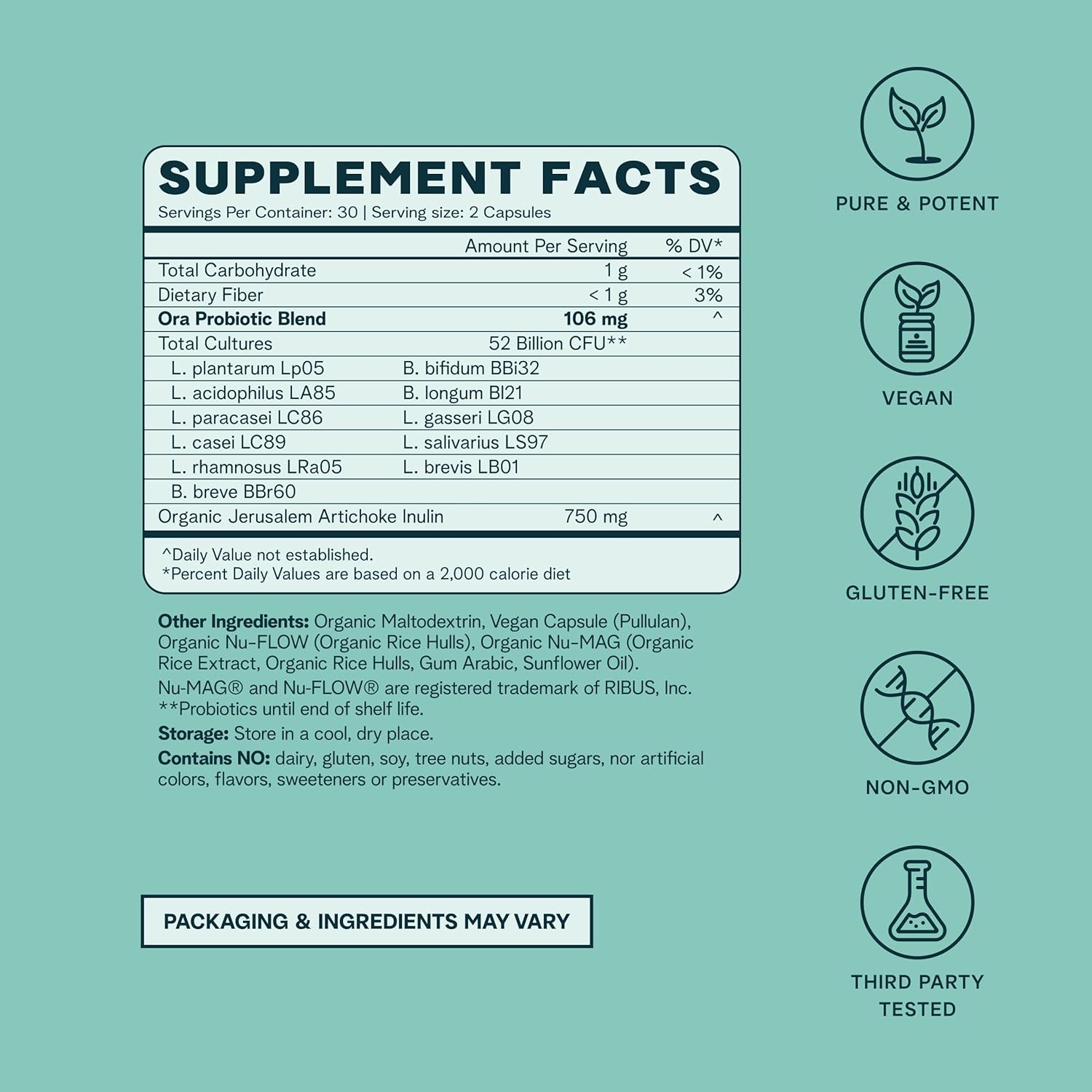 Ora Organic Probiotics with Prebiotics - 52 Billion CFU, 11 Clinically Studied Strains, Digestive Health Support, Gluten-Free - 60 Capsules - BoostGo Australia