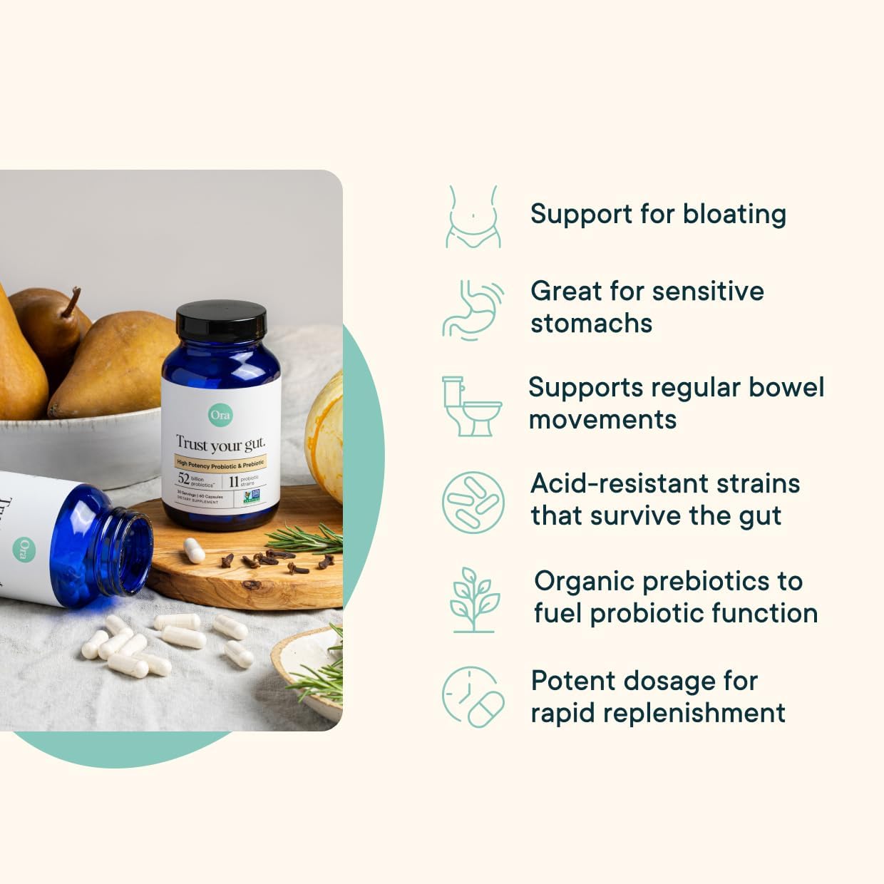 Ora Organic Probiotics with Prebiotics - 52 Billion CFU, 11 Clinically Studied Strains, Digestive Health Support, Gluten-Free - 60 Capsules - BoostGo Australia