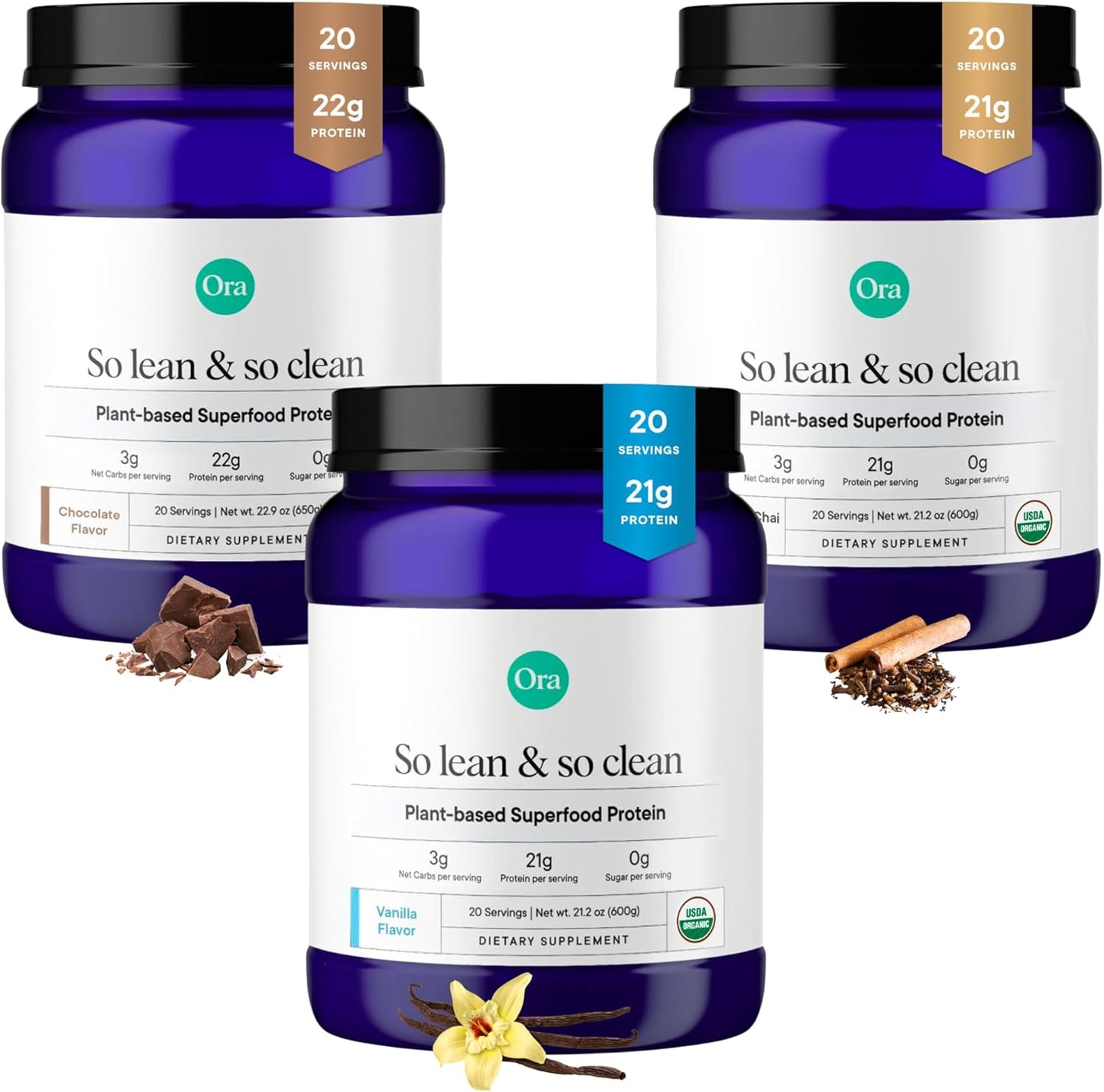 Ora Organic Protein Powder Bundle: 21g Plant Based Vanilla, Vanilla Chai, Chocolate - 20 Servings each