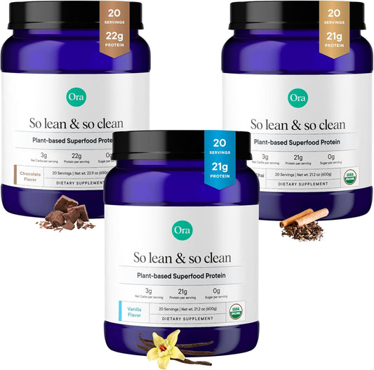 Ora Organic Protein Powder Bundle: 21g Plant Based Vanilla, Vanilla Chai, Chocolate - 20 Servings each