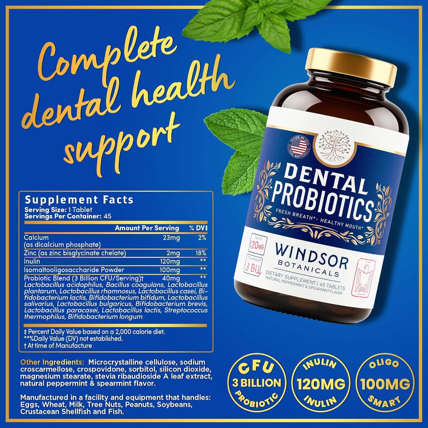 Oral Probiotic Mint Tablets for Bad Breath & Gum Health - 3BN CFU Lactobacillus Salivarius, Paracasei, K12 Pro B, Inulin Dental Probiotics - 90 Count